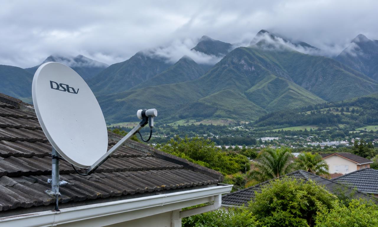 DSTV dish on a George roof with the Outeniqua mountains behind