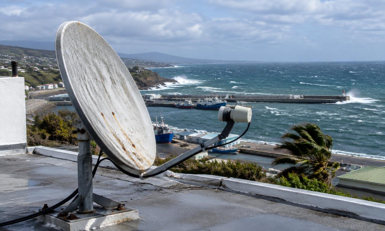 Weathered satellite dish on a Mossel Bay roof above the harbour on a windy day