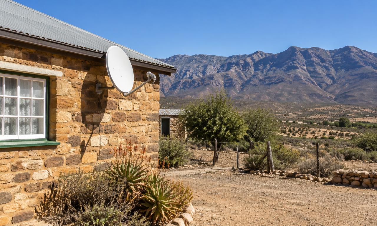 DSTV dish on a stone farmhouse in the Klein Karoo near Oudtshoorn