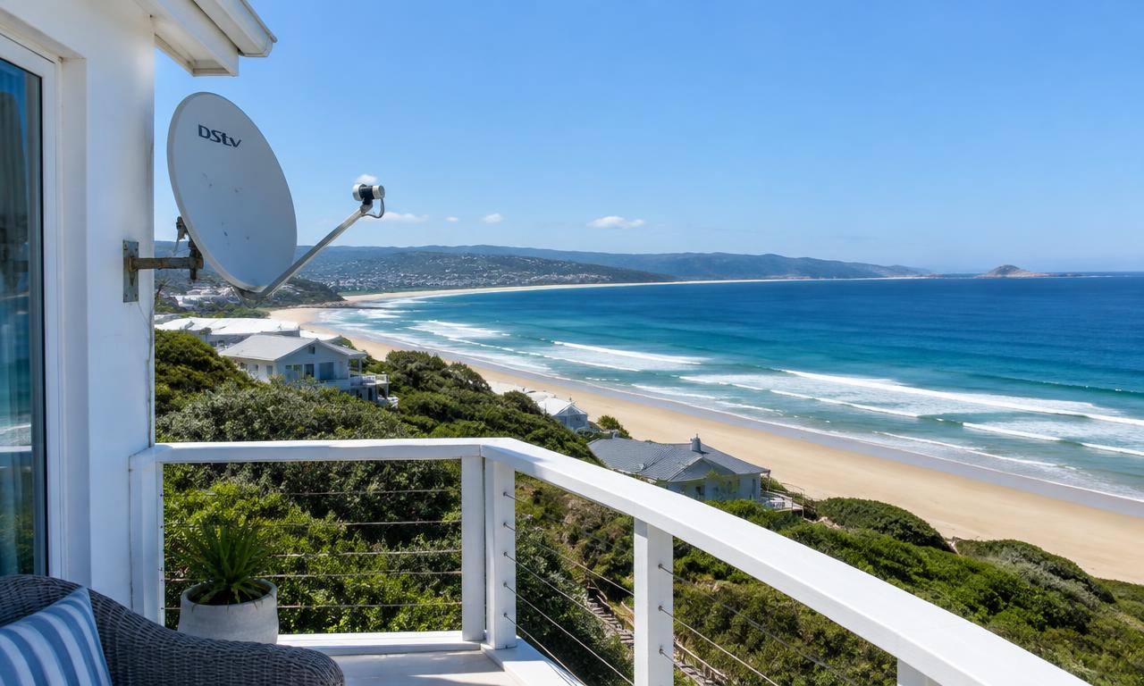 DSTV dish on a Plettenberg Bay holiday home balcony above the beach