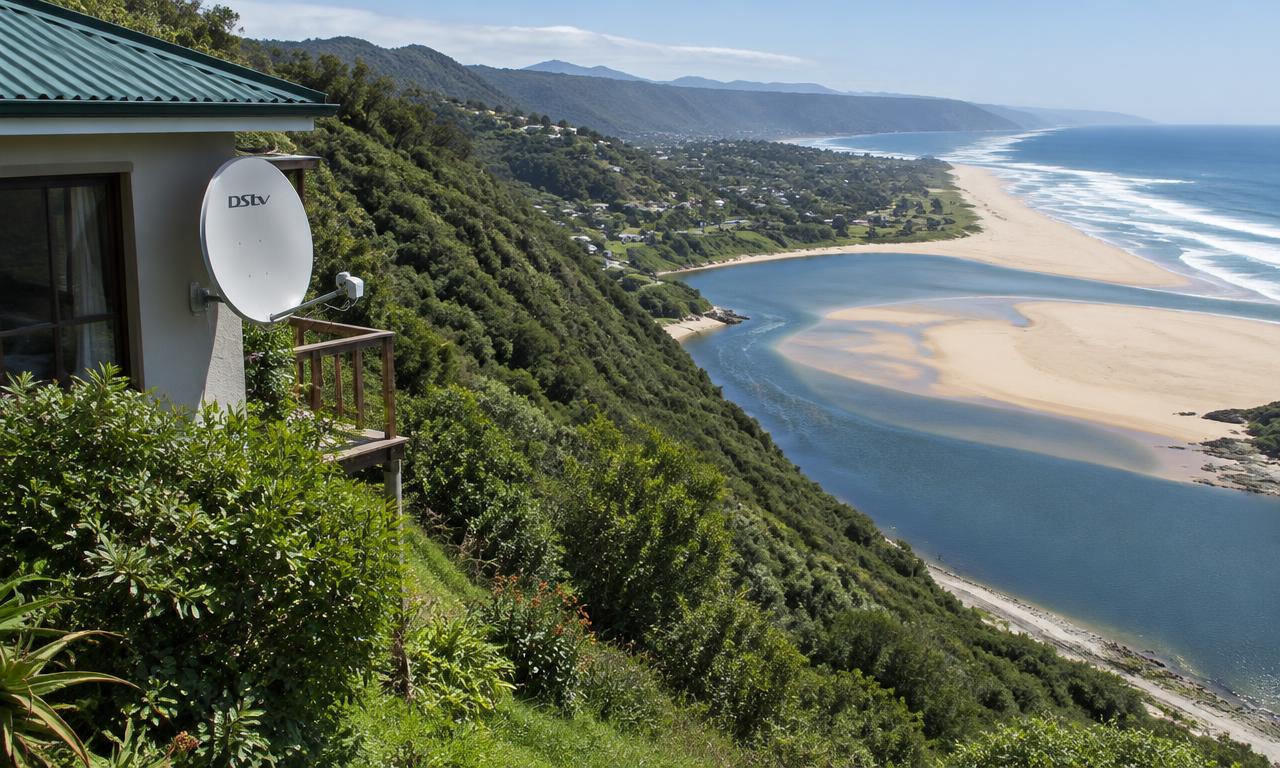 Satellite dish on a hillside home above the river mouth at Wilderness